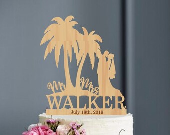 Tropical wedding cake topper, Palm tree cake topper, palms cake toppers for wedding, mr mrs cake topper, bride and groom topper, couple cake