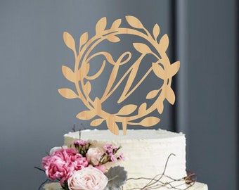 Monogram Initial cake topper, Wooden Wedding Cake Topper, Letter W Wedding Cake Topper, Single Initial Wreath Cake Topper, Gold Cake Topper