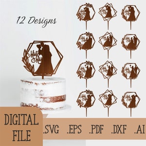 12 Couple Silhouette Wedding cake toppers SVG, Bride and Groom cake topper Laser Cut Files, Digital Download Glowforge Laser Cut File