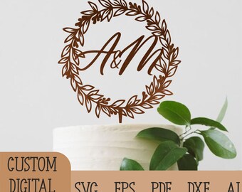 Benutzerdefinierte Initialen Cake Topper svg, Kranz Hochzeit Topper Laser Cut Files, Digital Download Glowforge-Datei für Laserschnitt Custom Cake Topper