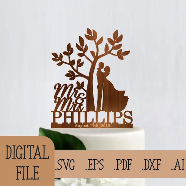 Tree Mr Mrs Wedding cake topper SVG, Digital Download Glowforge File, Wedding svg, Wedding Sign, Laser Cut files for Cricut & Silhouette