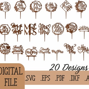 Herr Fru tårttoppare svg-paket, bröllopstårttoppare SVG laserskurna filer, digital nedladdning Glowforge laserskuren fil anpassad Herr Fru tårttoppare