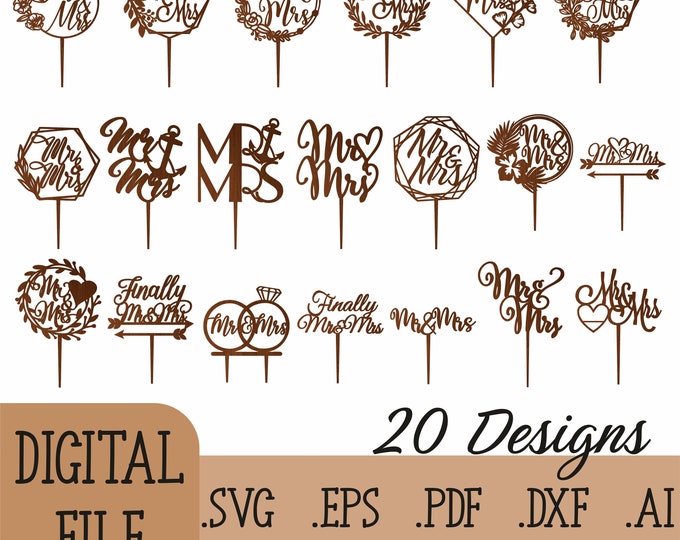 Mr Mrs Cake Topper Svg Bundle, Wedding Cake Topper SVG Laser Cut Files ...