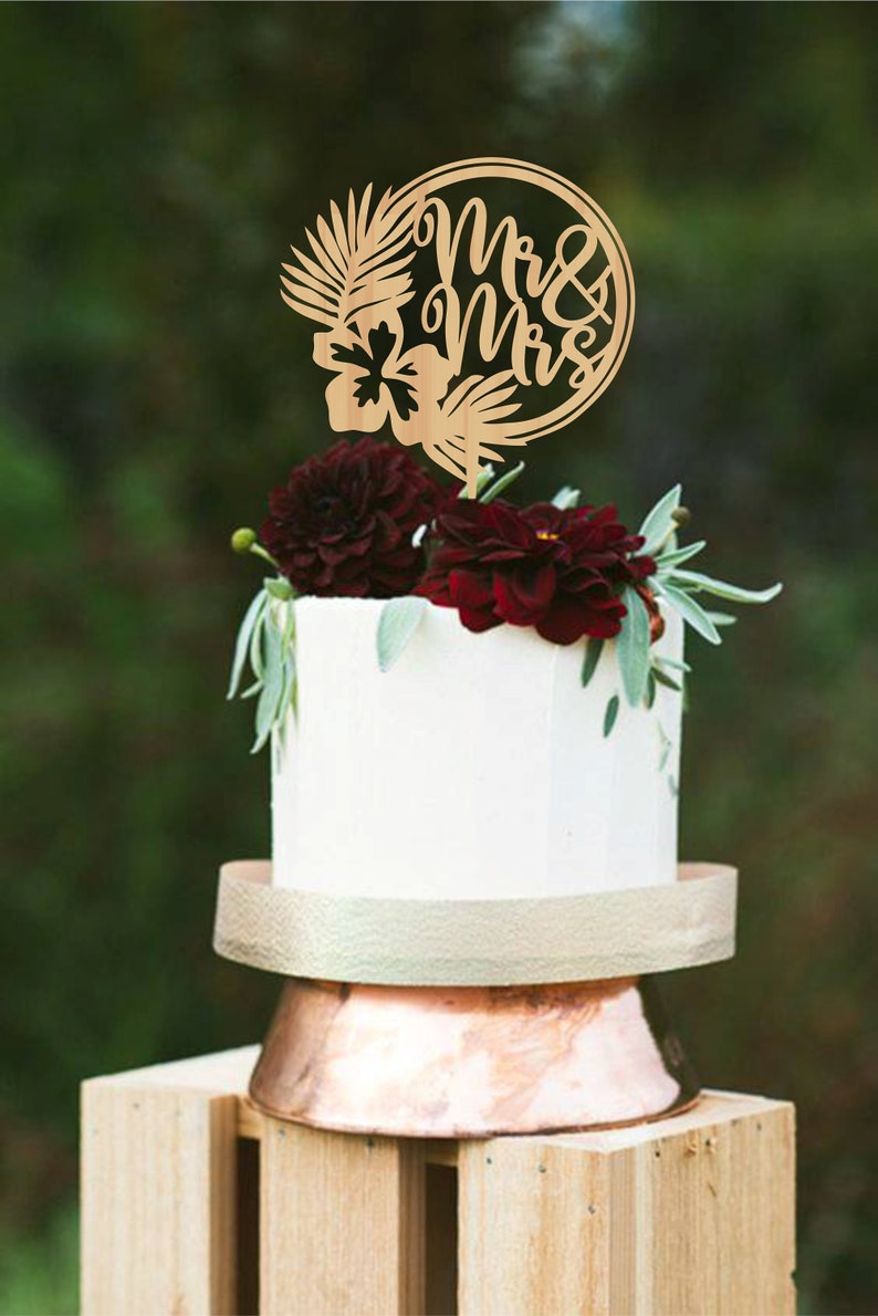 Tropical Wedding Cake Topper, Mr Mrs Cake Topper, Wreath Wedding Cake Topper, Mr & Mrs Rustic cake topper for wedding, Palm Cake Topper image 2