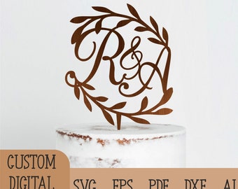 Benutzerdefinierte Initialen Kuchen Topper Svg, Kranz Hochzeit Topper Laser geschnitten Dateien, digitaler Download Glowforge Datei für Laserschneiden benutzerdefinierte Kuchen Topper