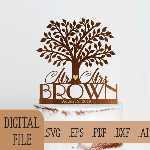 Tree Mr Mrs Wedding cake topper SVG, Digital Download Glowforge File, Wedding svg, Wedding Sign, Laser Cut files for Cricut & Silhouette