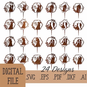 24 Couple Silhouette Wedding cake toppers SVG, Bride and Groom cake topper Laser Cut Files, Digital Download Glowforge Laser Cut File