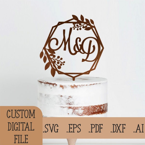 Custom Initials cake topper svg, Wreath wedding topper Laser Cut Files, Digital Download Glowforge File for laser cutting Custom Cake Topper