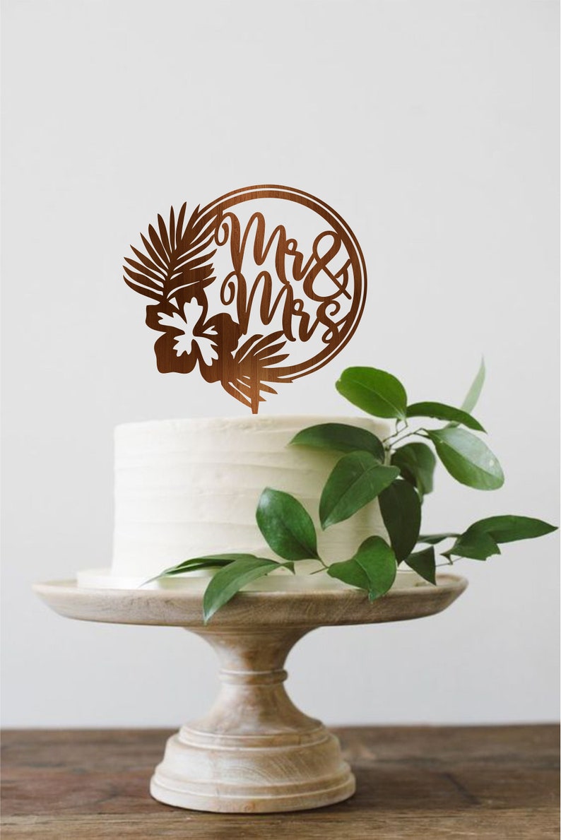 Tropical Wedding Cake Topper, Mr Mrs Cake Topper, Wreath Wedding Cake Topper, Mr & Mrs Rustic cake topper for wedding, Palm Cake Topper image 1