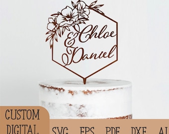 Custom Floral cake topper SVG, First names cake topper for wedding SVG, Digital Download Glowforge File for laser cutting Custom Cake Topper