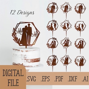 12 Couple Silhouette SVG, Mr and Mrs Wedding Cake Toppers Laser Cut Files, Wreath Cake topper Digital Download Glowforge Laser Cut File