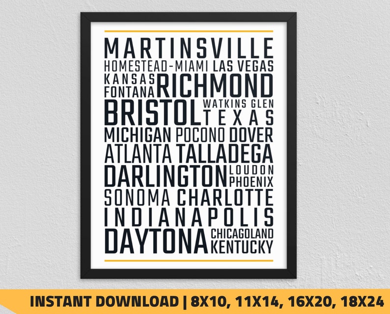 Printable NASCAR Race Tunes Typography Wall Artwork photograph regarding Printable Nascar Schedule called Printable NASCAR Race Tunes Typography Wall Artwork