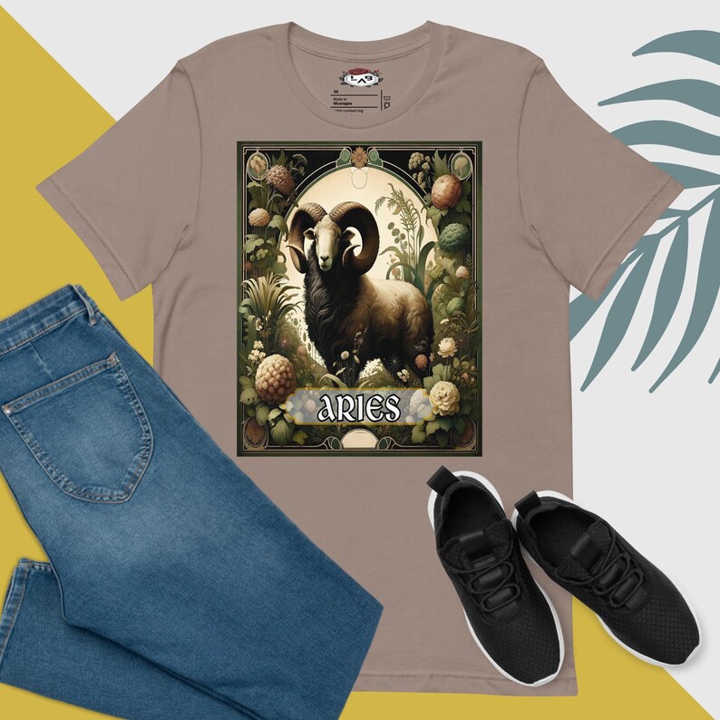 Aries Zodiac T-shirt , Vintage Astrology Tee, Art Nouveau Botanical ...