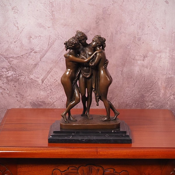 Bronze figure "The Three Graces" after Canova marble base, Large Bronze Sculpture on Marble Base, Vintage Figurine, Signed