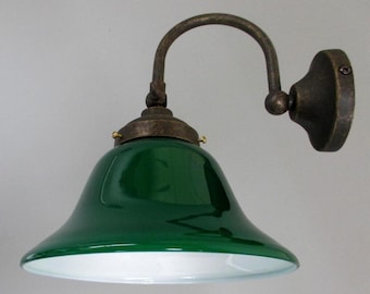 Vintage wall lamp arc lamp antique brass with drop shade opal glass green white
