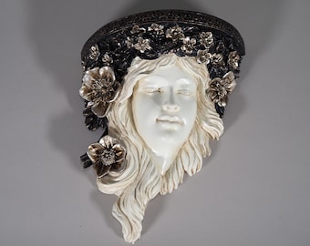 Console murale tête de fille de style antique avec couronne de fleurs Sculpture murale Art Nouveau