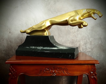 Sculpture de Jaguar bondissant en bronze Art déco poli, sculpture en bronze sur base en marbre, figurine vintage, signée, marque de fonderie