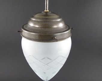 Elegant Art Deco Vintage Brass Ceiling Lamp with Opal Glass Shade - German Antique Elegance