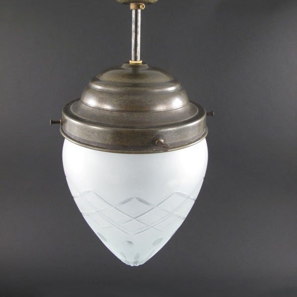 Elegant Art Deco Vintage Brass Ceiling Lamp with Opal Glass Shade - German Antique Elegance