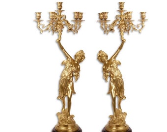 Luxurious Antique Style 6-Light Baroque Candlestick Set in 24k Gold-Plated Bronze