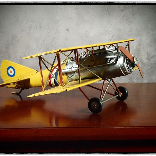 Vintage Yellow Biplane, metal model, old airplane Vintage Toy, Collector Item, Gift Idea