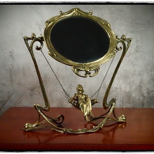 Antique Art Nouveau Bronze Mirror Lady On Swing