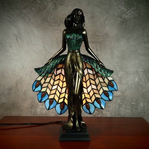 Elegant Vintage Art Nouveau Tiffany-Style Table Lamp With Sculptural Female Figure