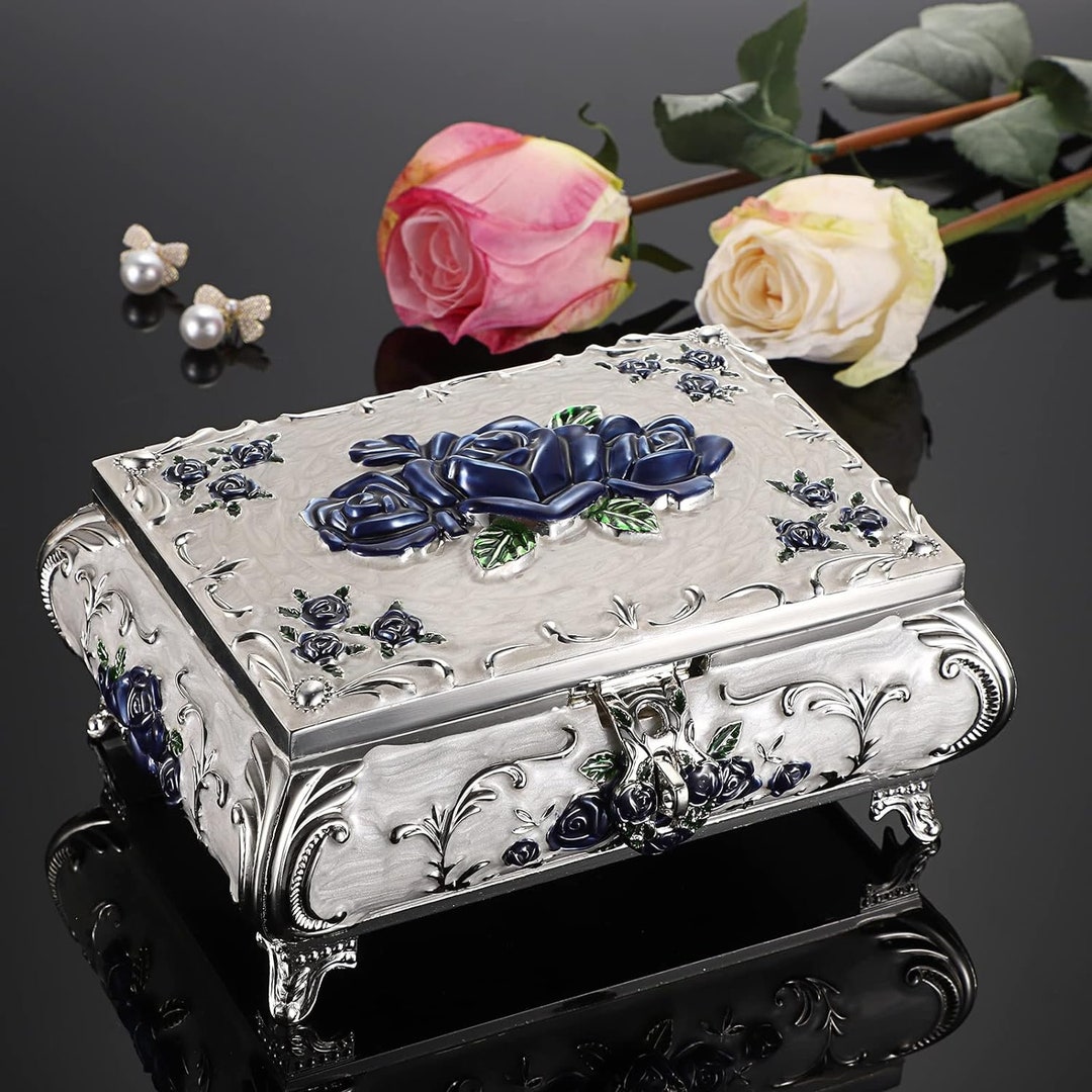 Vintage Style Jewelry Box With Metal Cover, White With Blue Flower, Storage Box for Jewelry and
