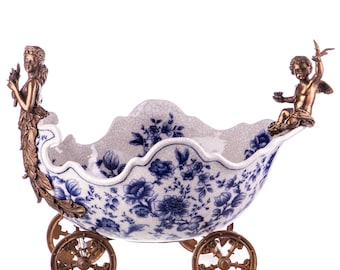 Elegant Porcelain And Bronze Carriage Bowl Featuring A Lady And An Angel