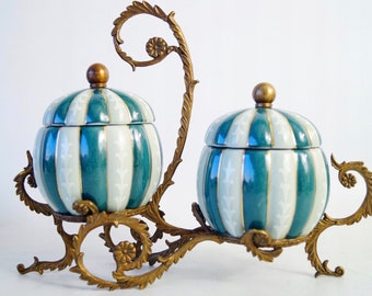 Porcelain Salt and Pepper Shakers on a Carved Antique Bronze Stand