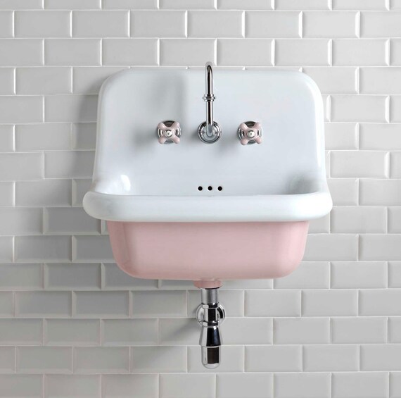 Norwegian Ceramic Vintage Sink Farmhouse Sink Wall Mounted Sink White Pink Kitchen Sink Bathroom Sink Bathroom Decor