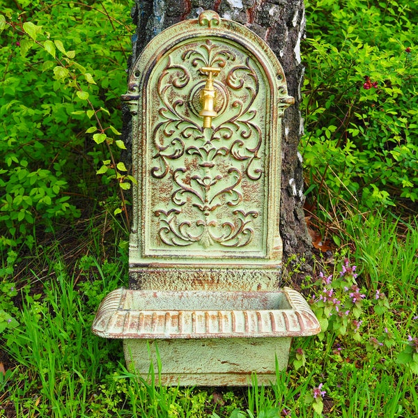 Antique Style Green Cast Iron WALL FOUNTAIN , SINK with Brass Faucet Tap, Fountain Metal Wall Sink, Patio & Wall Ornament Garden