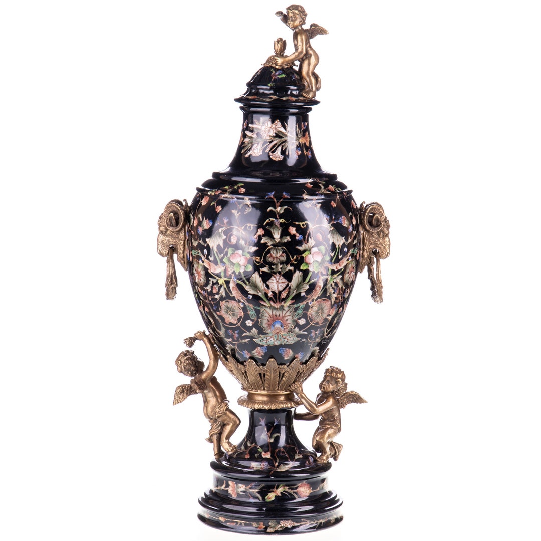 Antique Style Porcelain With Bronze Lidded Vase With Angels Etsy
