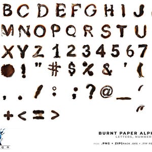 May include: A burnt paper alphabet font with uppercase letters, numbers, and punctuation marks. The letters are brown and black and have a charred, distressed look.
