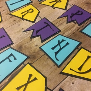Op de afbeelding: Een kleurrijke verjaardagsbanners met het woord "Birthday" gespeld in zwarte letters op gele, paarse en blauwe vlaggetjes. De vlaggetjes zijn aan elkaar geregen met zwart touw.