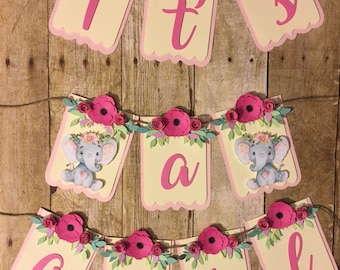 It's a girl banner/elephant babyshower/elephant floral banner/elephant banner/elephant babyshower/it's a girl/ baby girl decor/floral banner