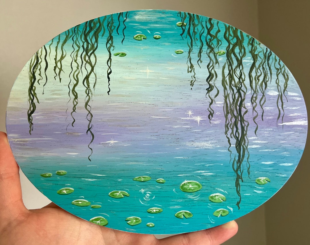 Lily Pad Pond Acrylic Painting, Weeping Willow Wood Slice Wall Art - Etsy
