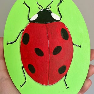 Small Lady Bug Acrylic Wood Slice Art Wall Art Lady Bird Beetle Acrylic painting wood slice artwork, wood drawing bug art, insect Oval