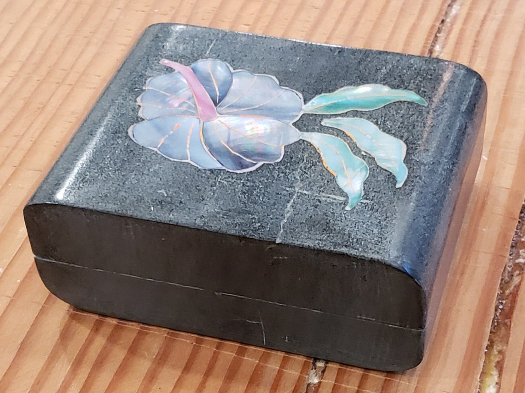 Vintage Carved Soapstone Jewelry Box With Mother of Pearl Etsy