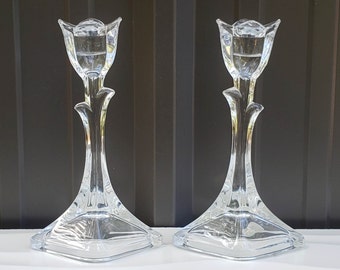 Vintage Pair of Crystal Tulip Flower Candle Holders  - 24% Lead Crystal Glass - Made in USA by Crystal Clear