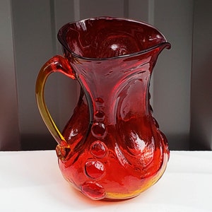 Vintage Hamon Glass Kanawha Glass Hand Blown Crackle Mini Glass Pitcher  Red/Amber 4 1/2 #1125