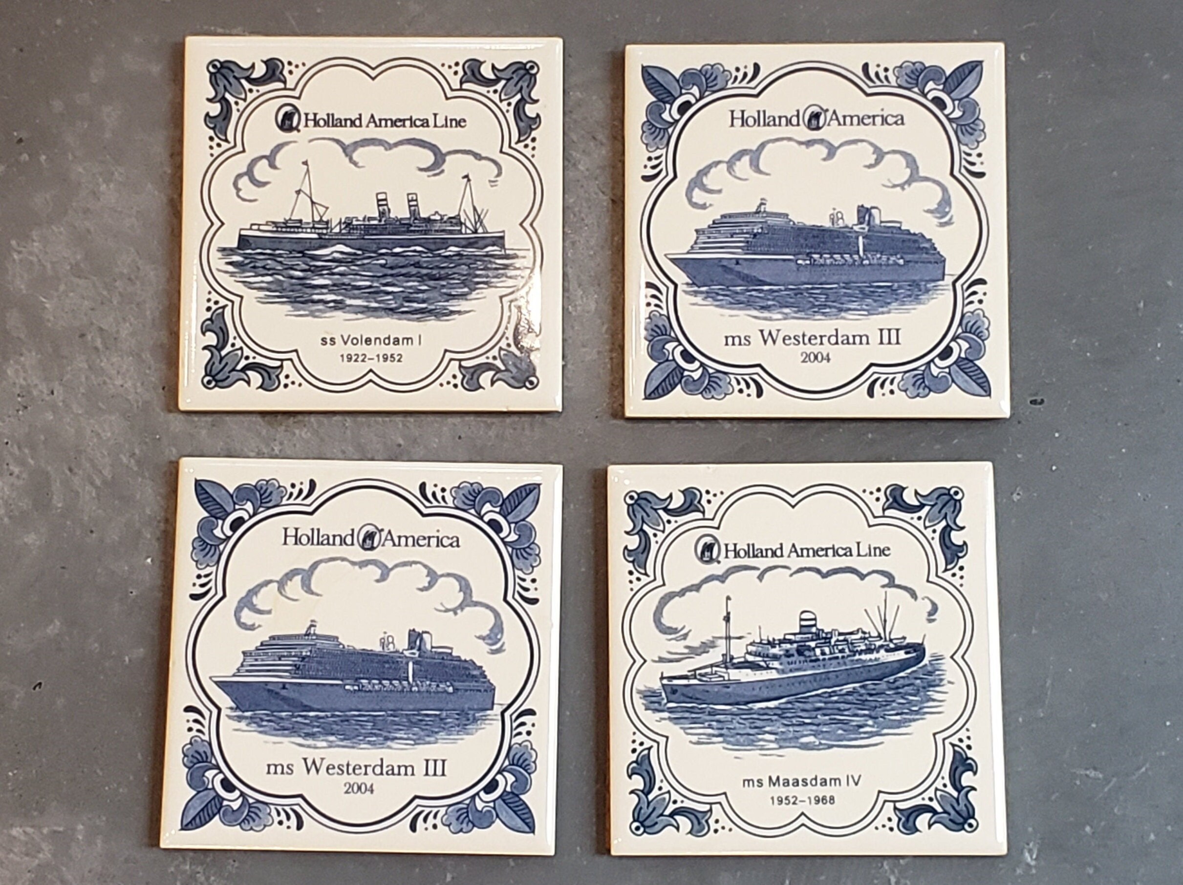 2 Vintage Holland American Line Porcelain Coasters Delft Blue Tile Cruise Ship