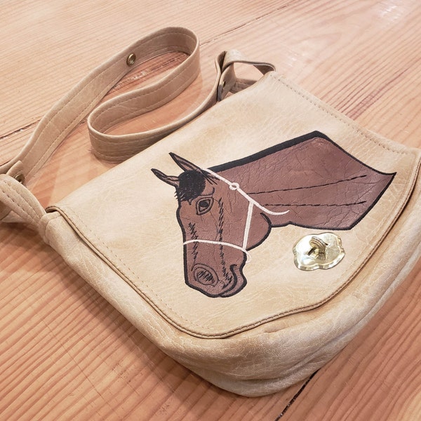 Vintage Embroidered Vinyl Purse - Faux Leather Stitched Horse Design