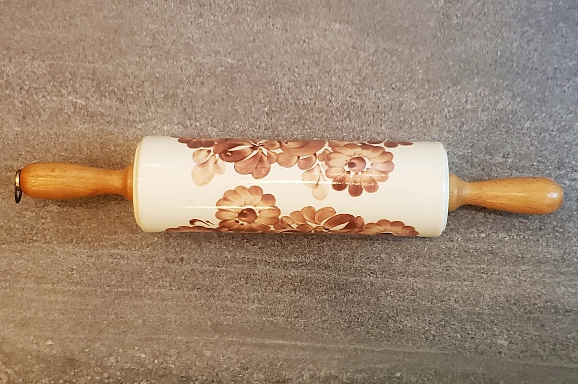 Vintage Ceramic Rolling Pin with Wooden Handles Hand Painted Etsy