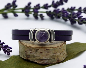 Leather Bracelet for Women with Purple Amethyst Silver Charm, Handmade Boho Genuine Leather Jewelry, Gift for Her