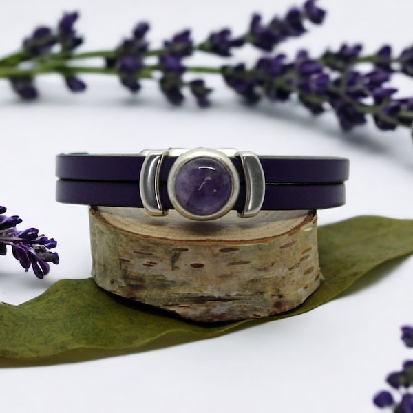 Leather Bracelet for Women with Purple Amethyst Silver Charm, Handmade Boho Genuine Leather Jewelry, Gift for Her