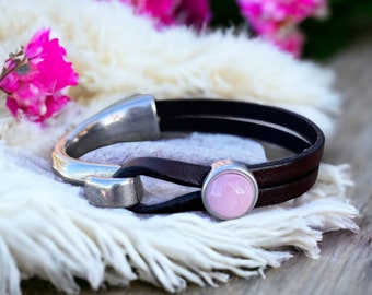 LIMITED Leather Bracelet for Women, Pink Opal Charm, Silver Genuine Leather Cuff Boho Jewelry, Gift for Her