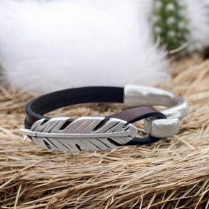 Handmade Leather Cuff Bracelet: Silver Feather Charm, Boho Jewelry