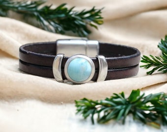 Larimar Leather Bracelet for Women, Silver Larimar Charm, Boho Genuine Leather Cuff Jewelry, Gift for Women