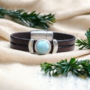 Bracelet en cuir Larimar pour femme, breloque en argent Larimar, bijoux de manchette en cuir véritable bohème, cadeau pour femme